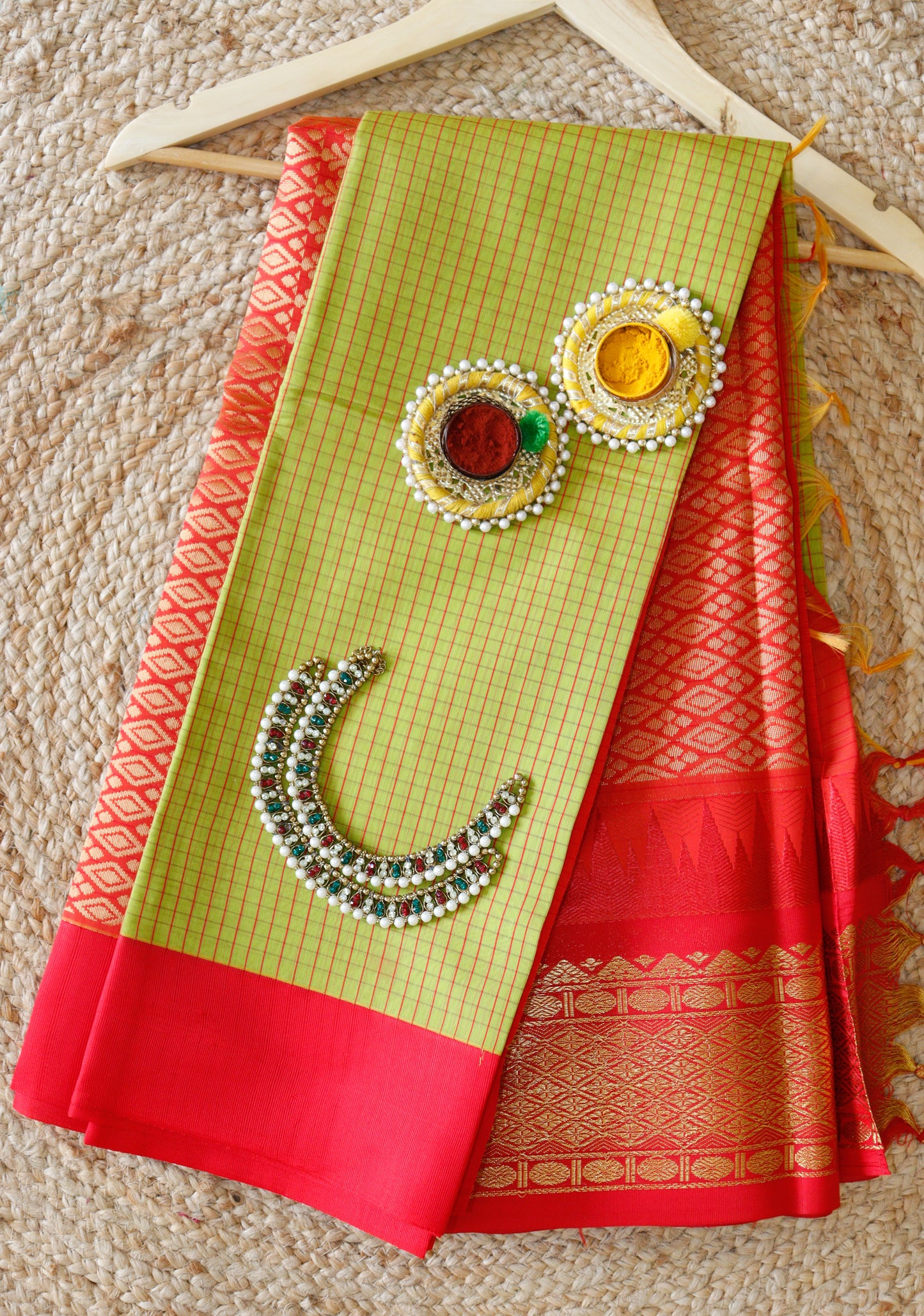 Vintage Light Pista Green Cotton Saree | Fine checks