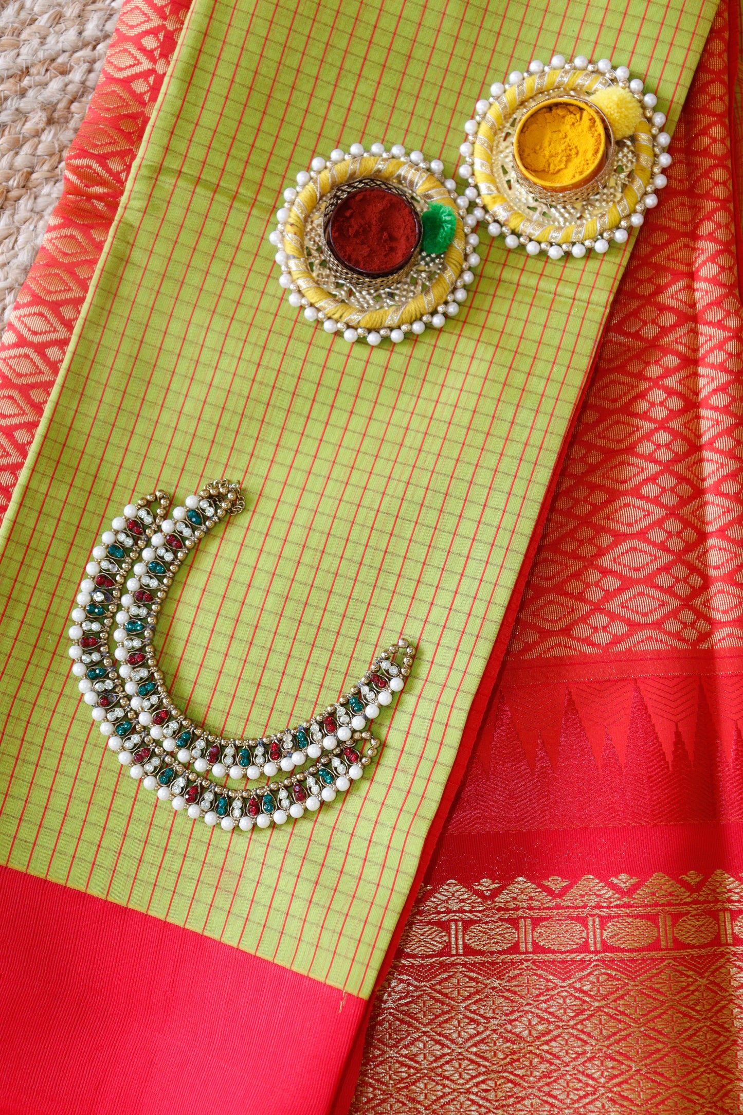 Vintage Light Pista Green Cotton Saree | Fine checks
