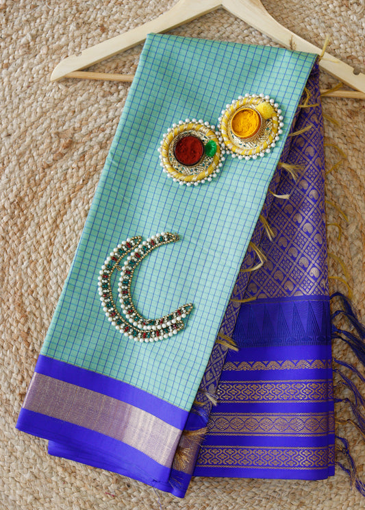 Vintage Aqua Blue Cotton Saree | Fine checks