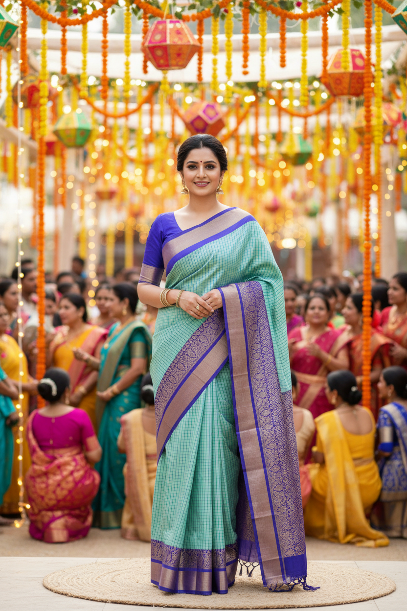 Vintage Aqua Blue Cotton Saree | Fine checks