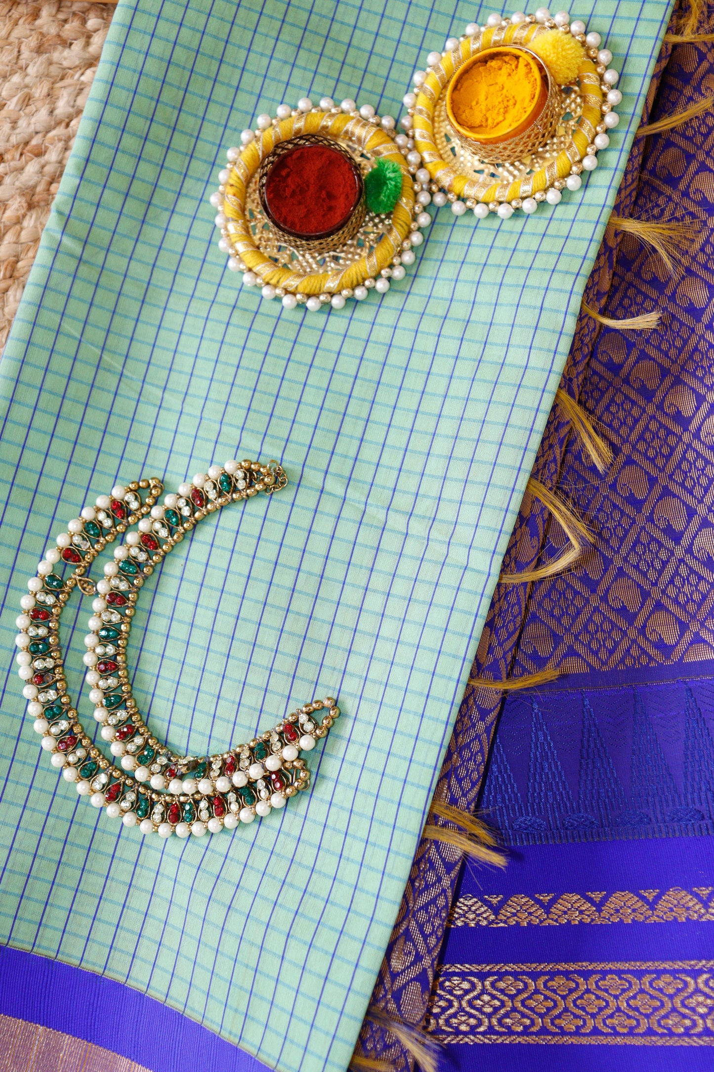 Vintage Aqua Blue Cotton Saree | Fine checks
