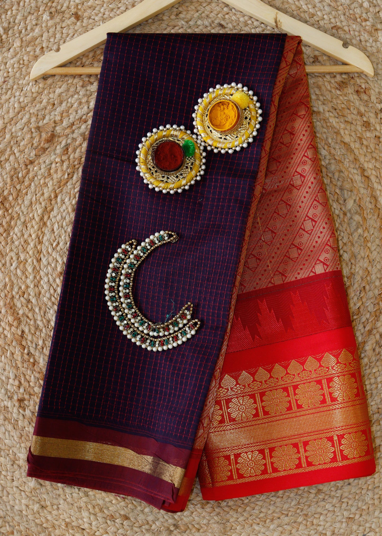 Vintage Deep Purple Cotton Saree | Fine checks