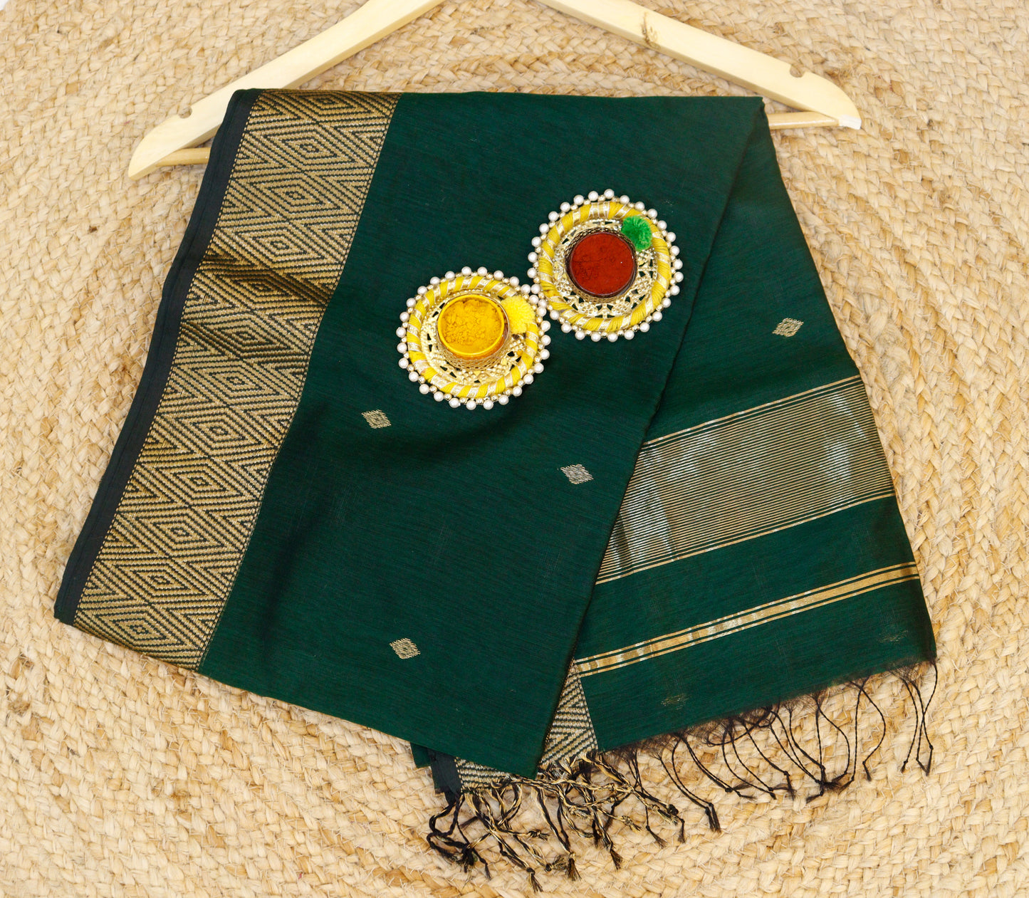 Green Maheshwari Saree - Diamond buttas