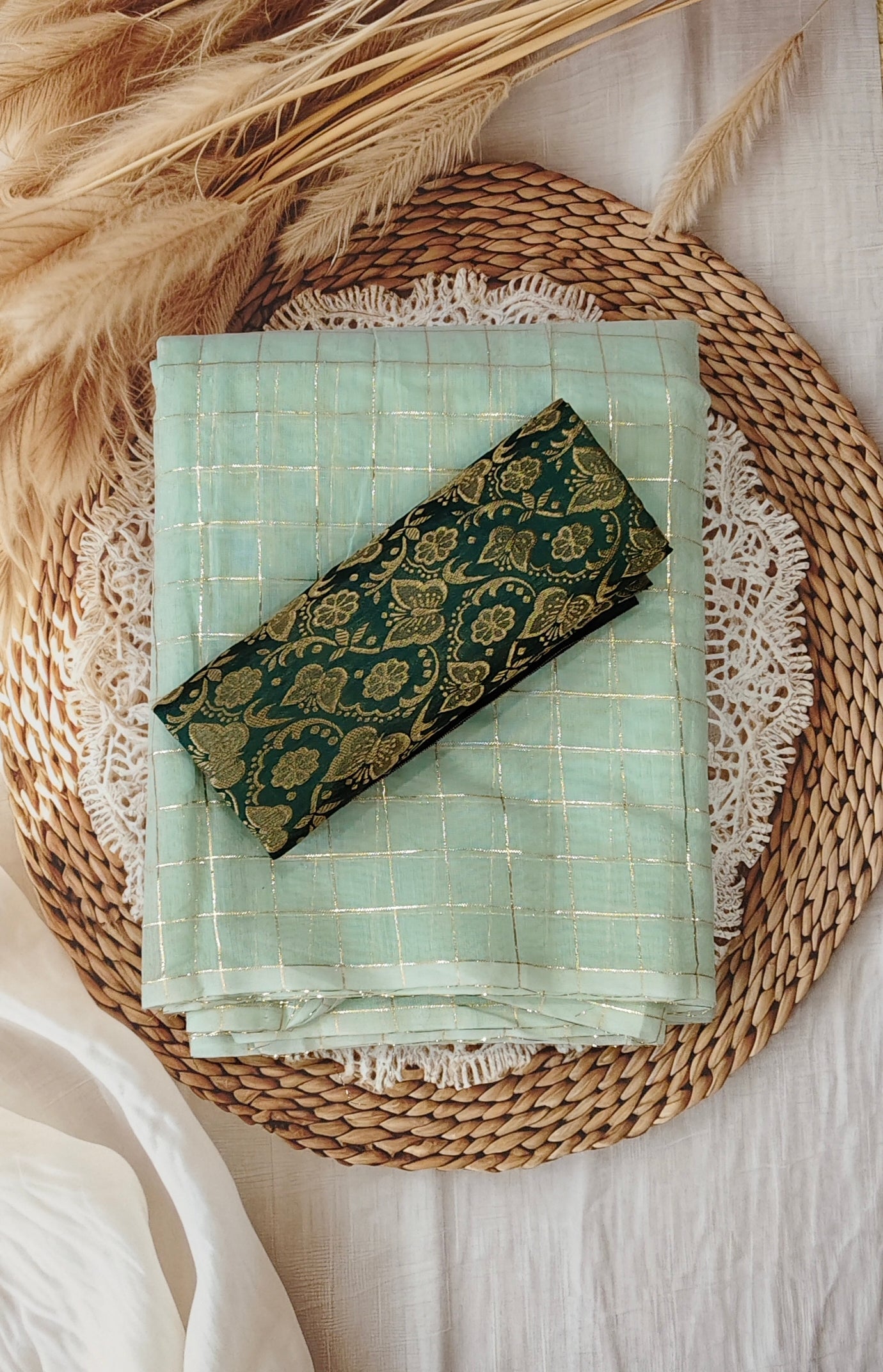 Mint Green Checked Cotton Saree