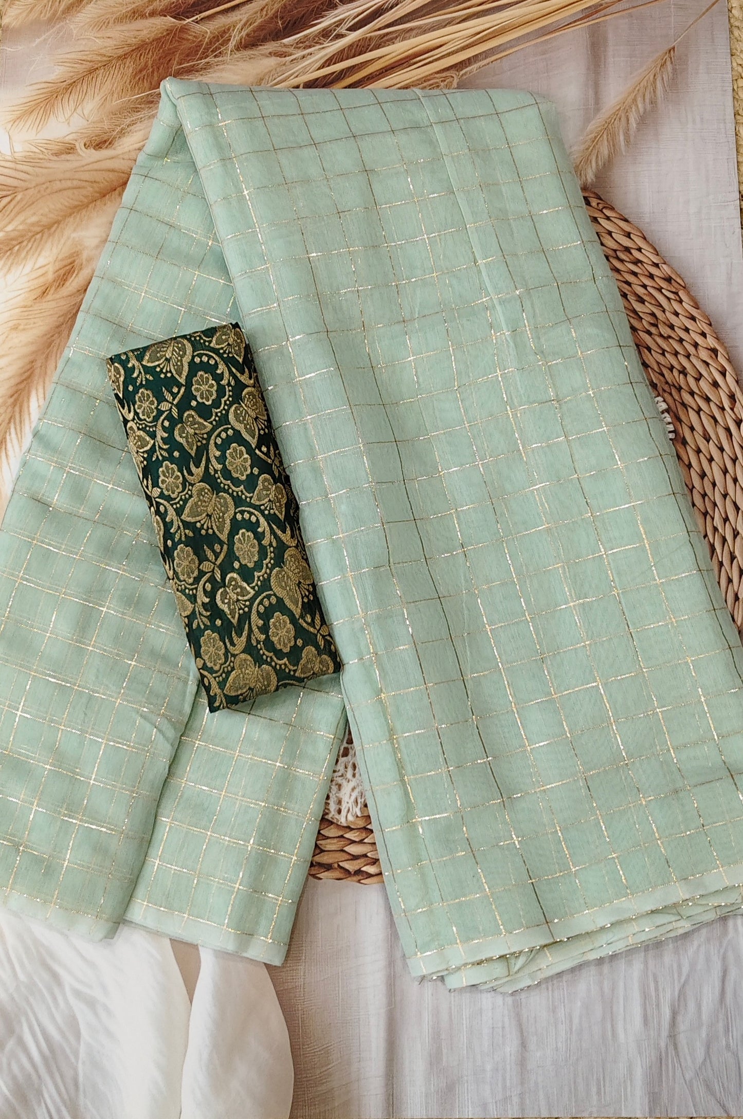 Mint Green Checked Cotton Saree