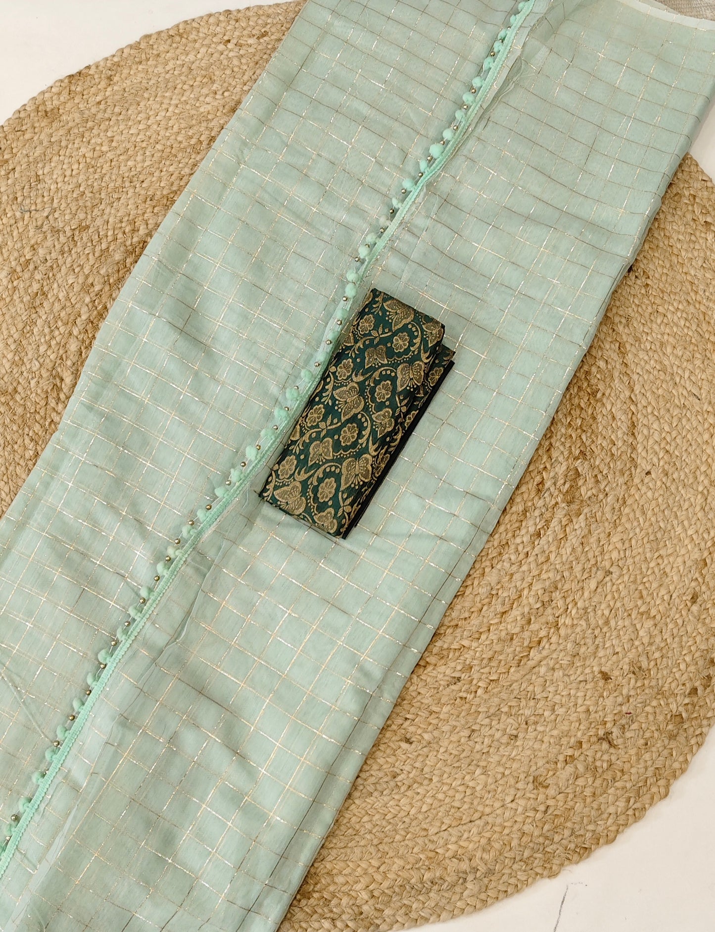 Mint Green Checked Cotton Saree