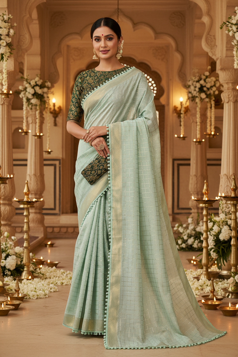 Mint Green Checked Cotton Saree
