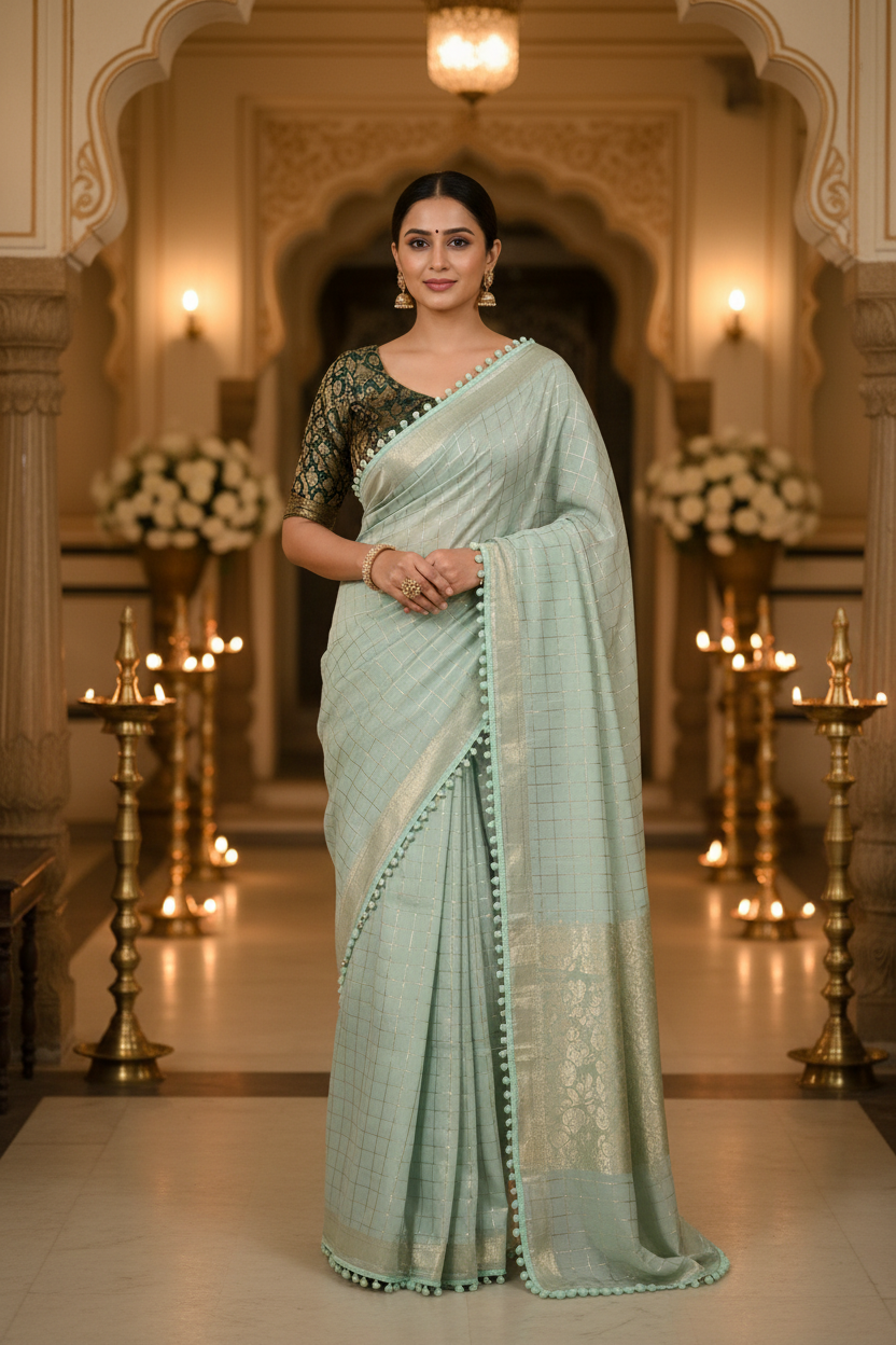 Mint Green Checked Cotton Saree