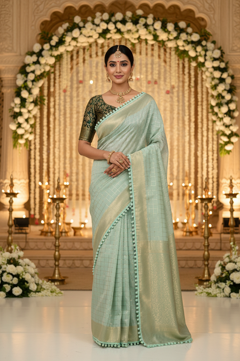 Mint Green Checked Cotton Saree
