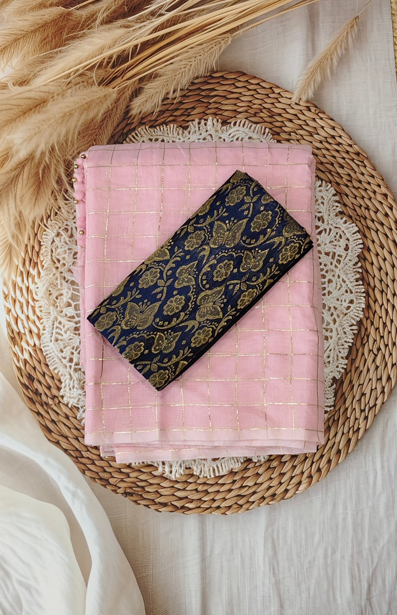 Blush Pink Checked Cotton Saree