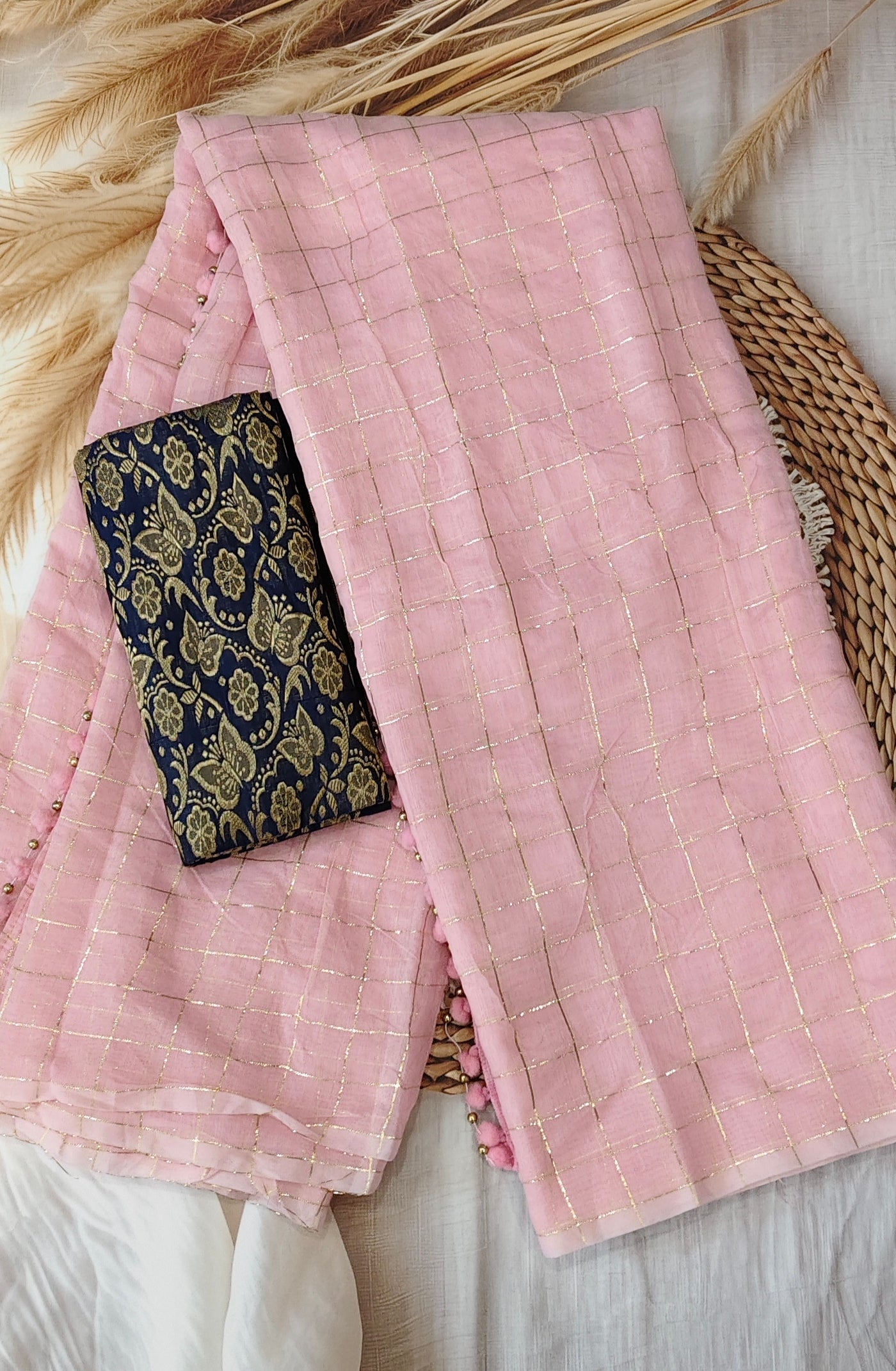 Blush Pink Checked Cotton Saree