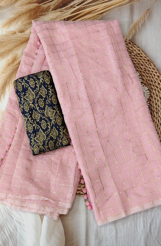 Blush Pink Checked Cotton Saree
