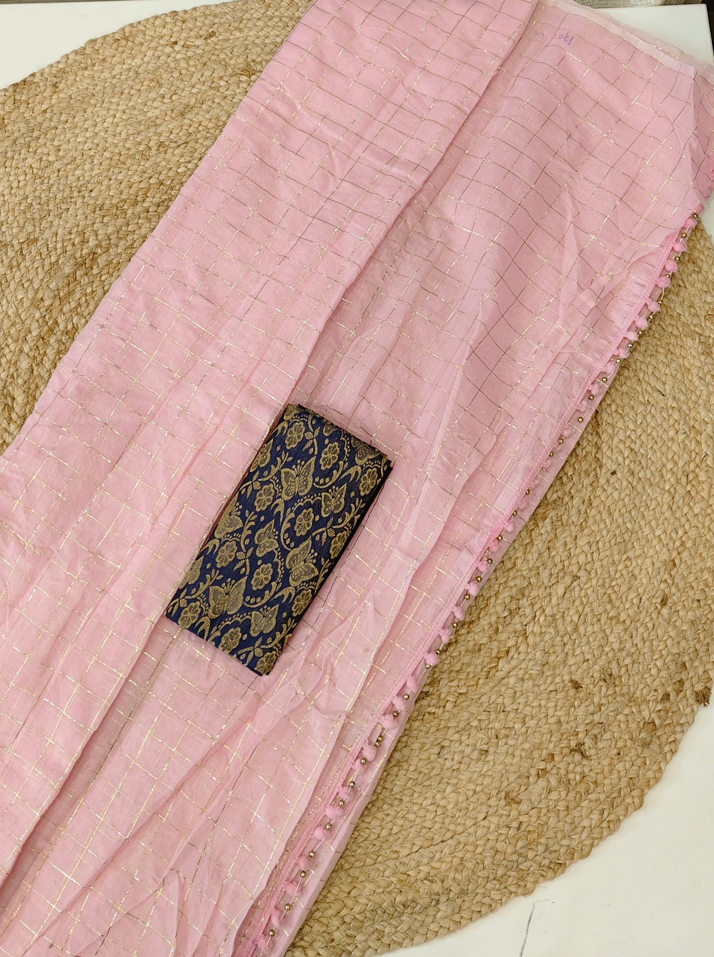 Blush Pink Checked Cotton Saree