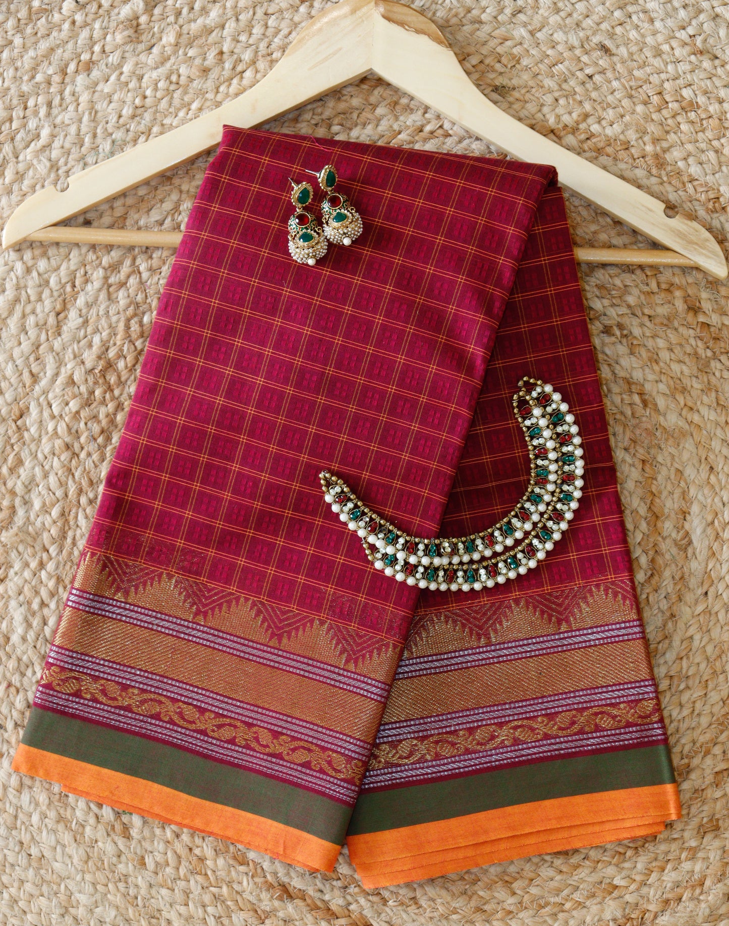 Classic Crimson Cotton Saree - Broad Checks