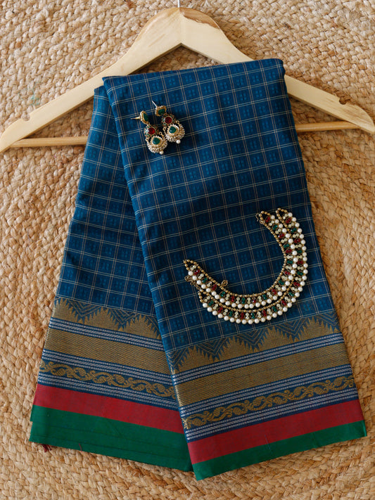 Deep Blue Cotton Saree - Broad Checks